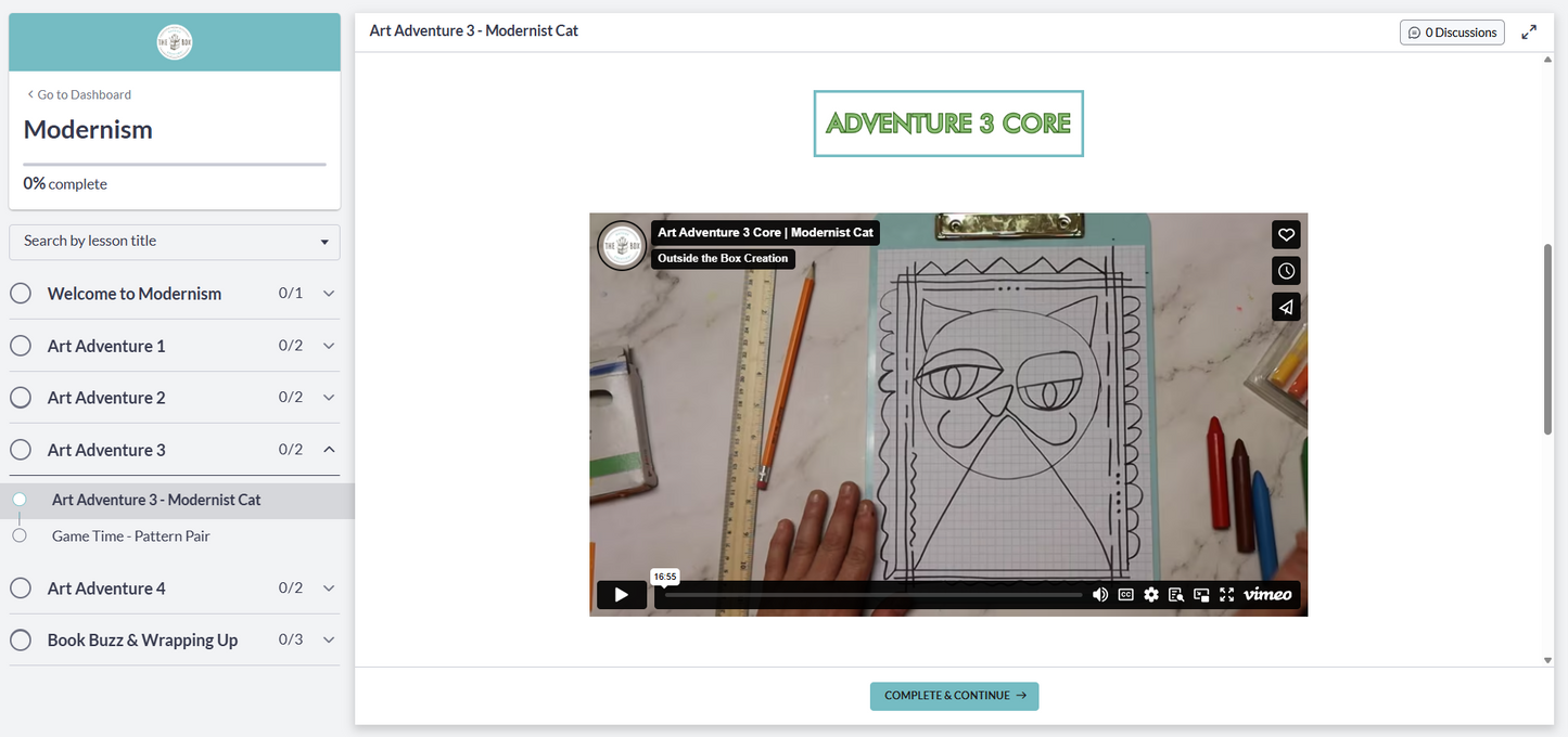 a preview of the Modernism digital art room course featuring the video tutorial for drawing a colorful modernist cat.