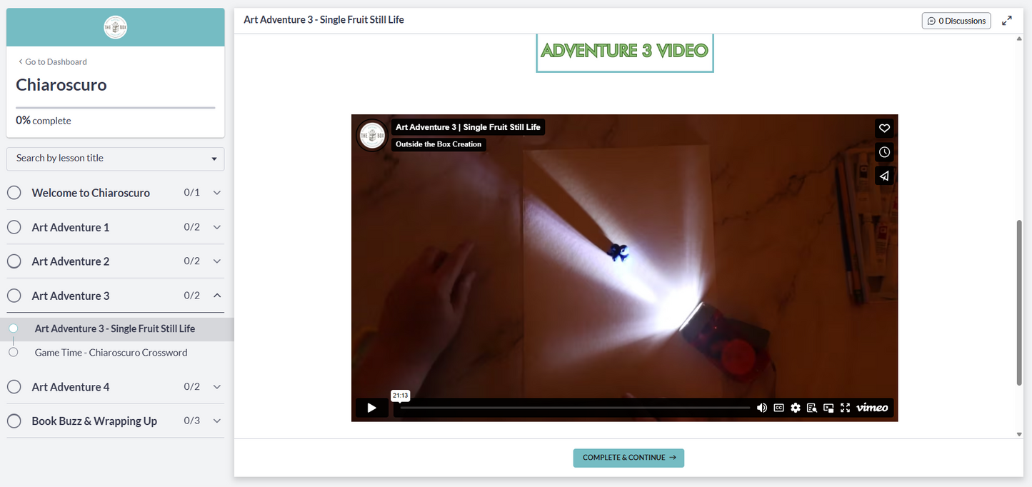 Screen capture of the digital art room video player with a dark scene and bright light from a flashlight to illustrate chiaroscuro.