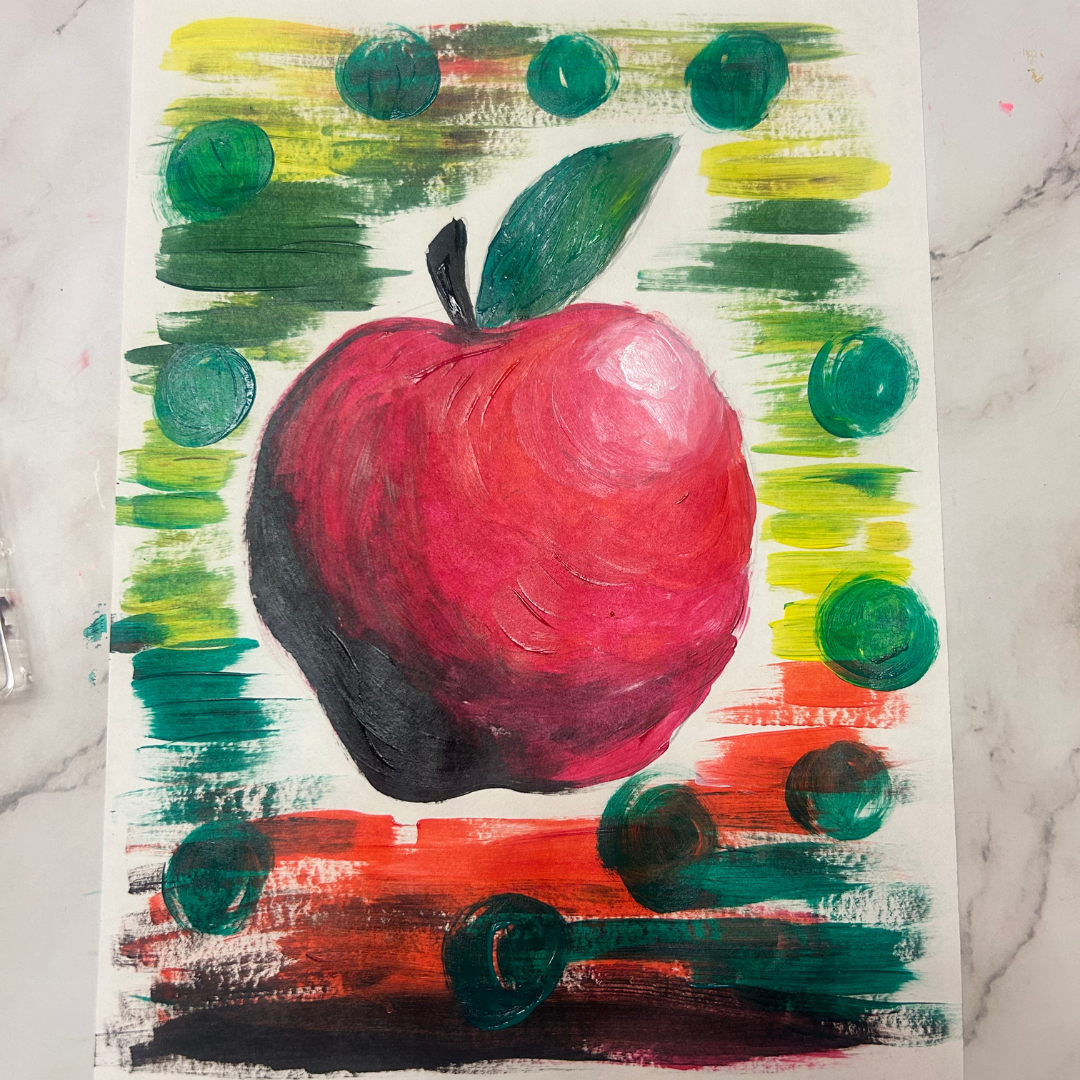 Painting of a red apple with green leaves on a textured surface