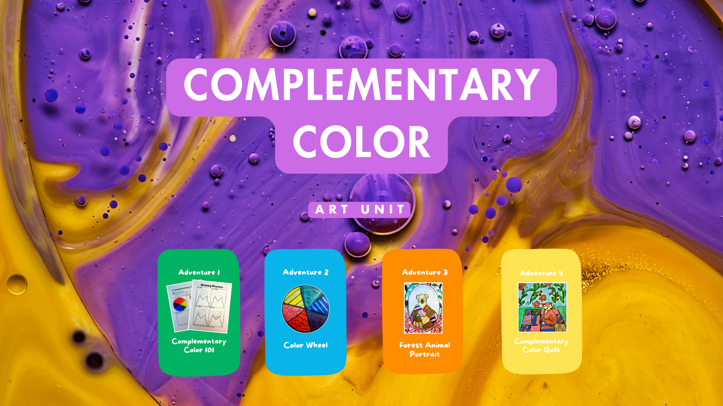 Promotional graphic for a 'Complementary Color' art unit with colorful abstract design and product cards.