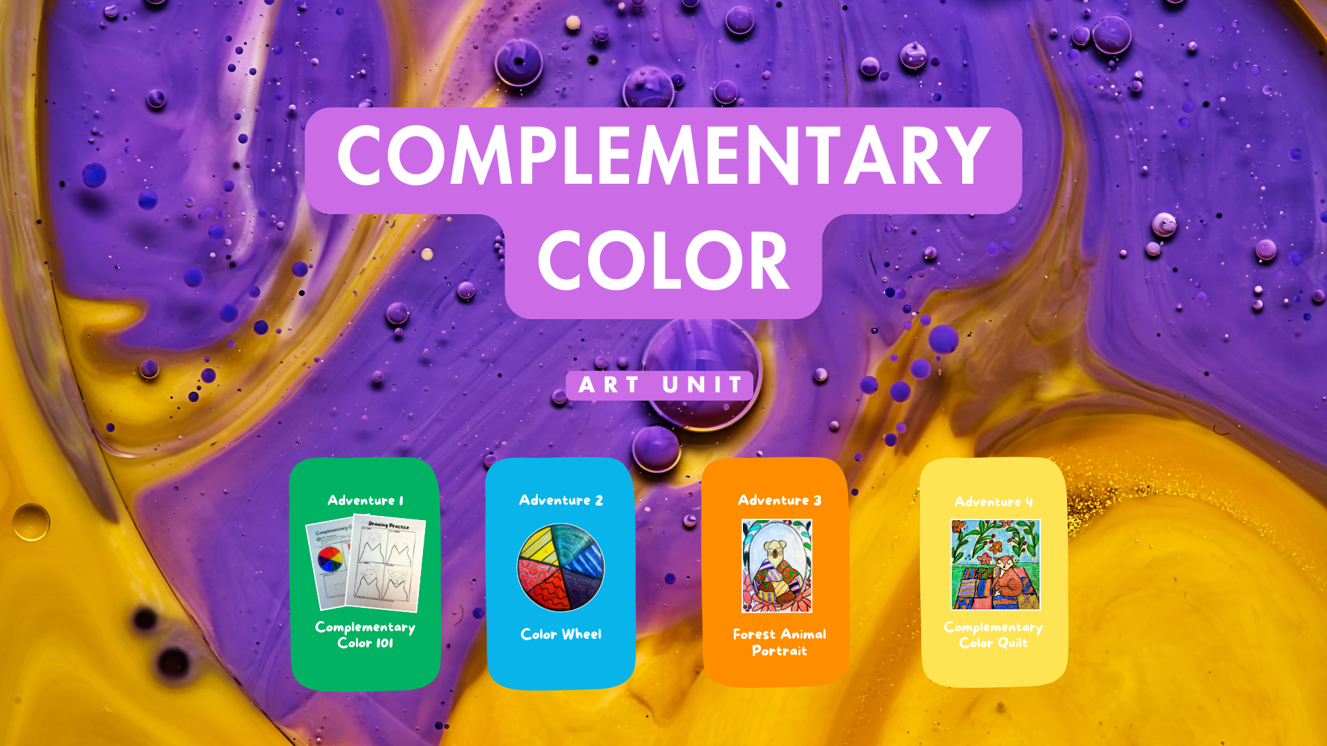Promotional graphic for a 'Complementary Color' art unit with colorful abstract design and product cards.