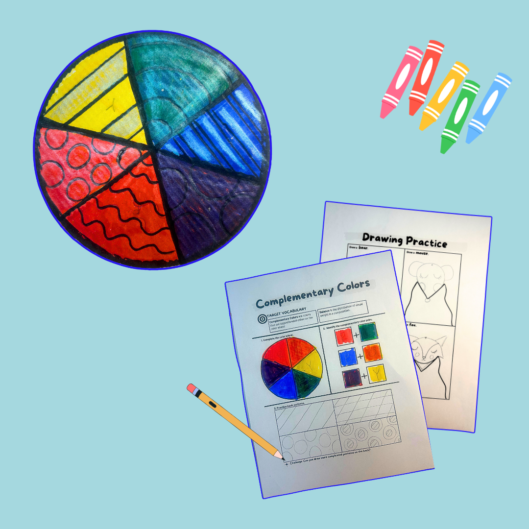 Color wheel, crayons, and drawing practice sheets on a blue background
