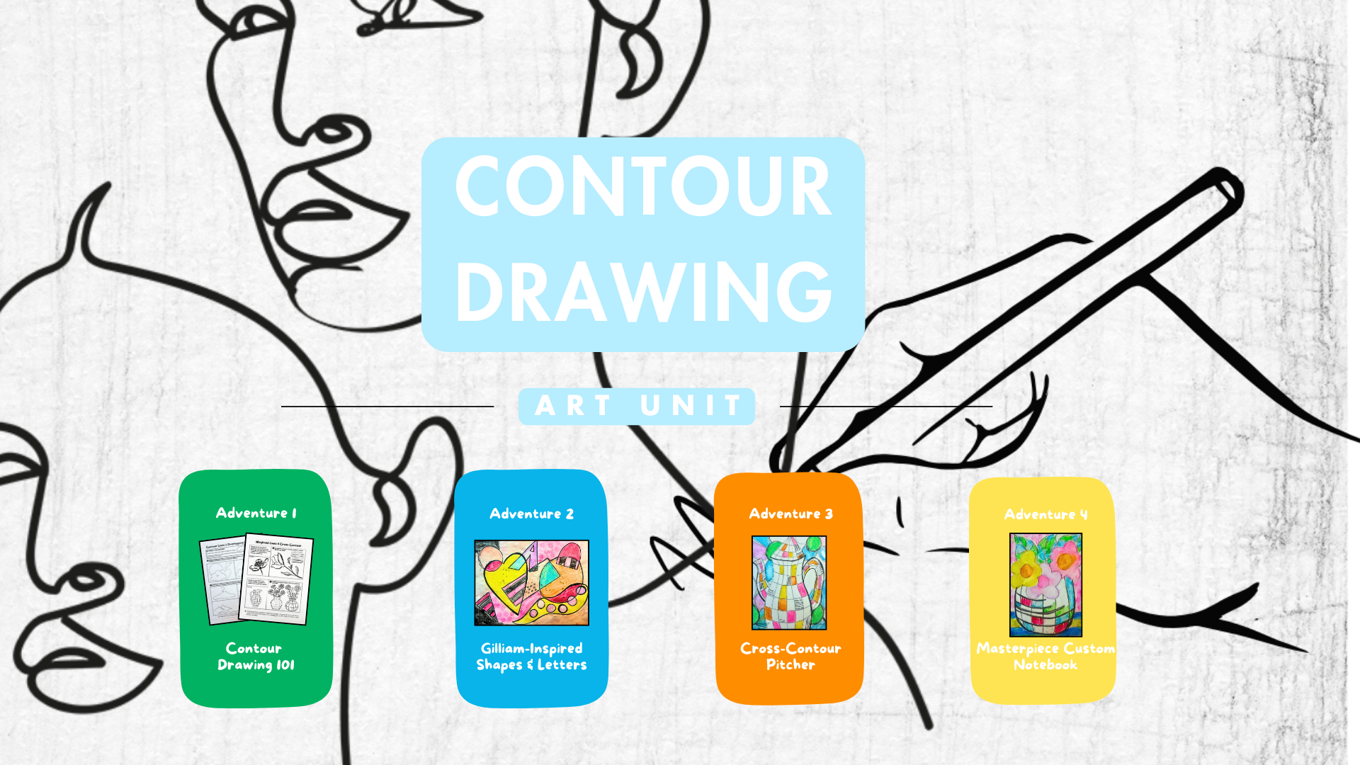 Promotional graphic for contour drawing with colorful project examples and a hand holding a pen.