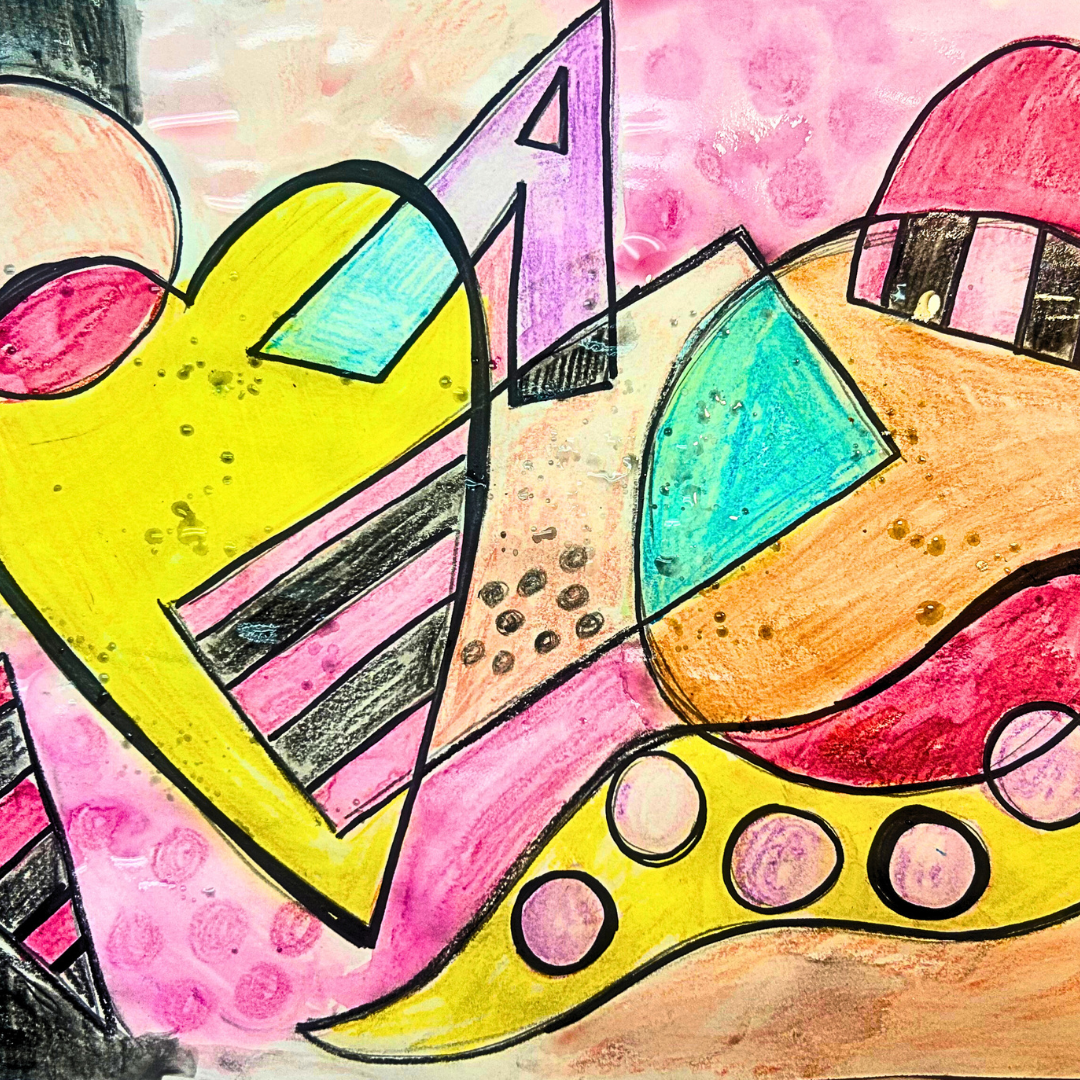 Colorful abstract art with geometric shapes on a pink background