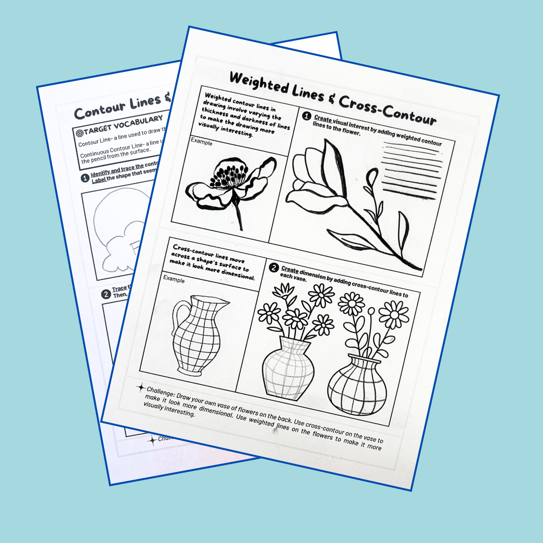 Educational pages on weighted lines and cross-contour with floral illustrations on a blue background