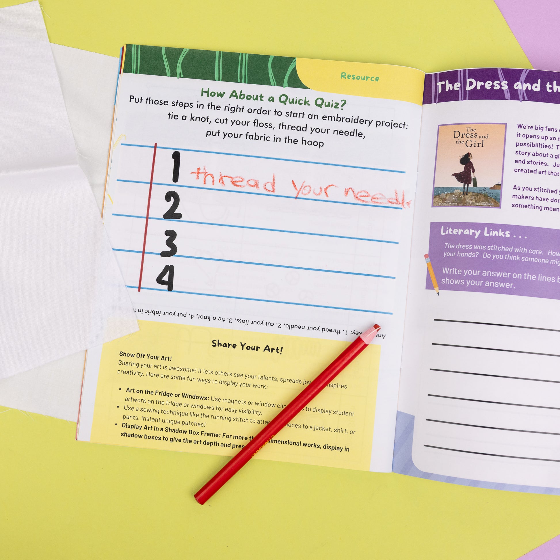 This picture shows open pages from the Embroidery art box project instructions featuring a quick embroidery quiz, suggestions for displaying finished art, and the literacy pages connecting the book to the project.