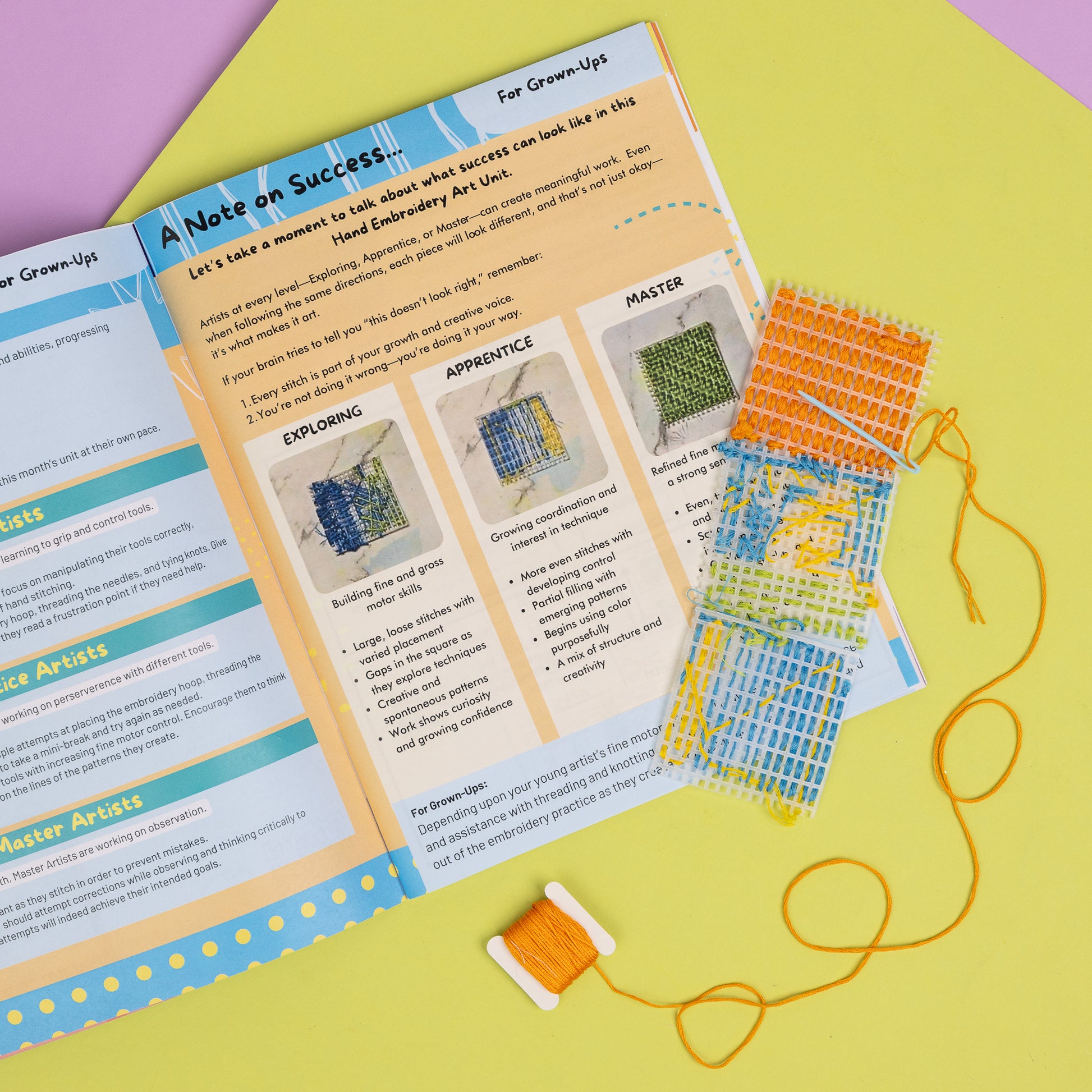 The Embrodiery Art box instructions open to the page discussing what success might look like for different students with this box as well as the stitch sampler triptych, needle, and thread.