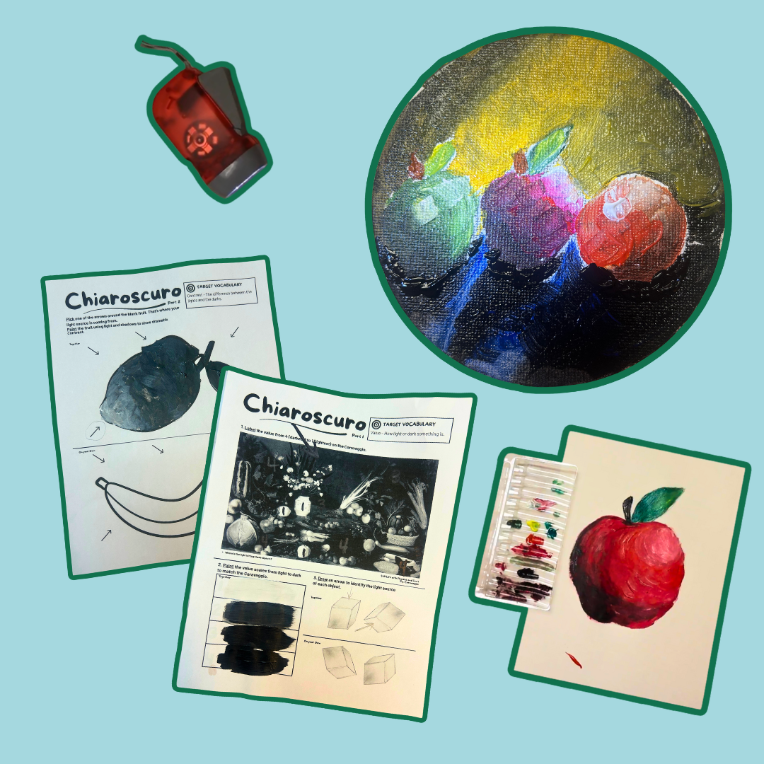 Chiaroscuro art unit final projects including a circular canvas with fruit still life, hand crank flashlight, worksheets, and the apple painting in progress.