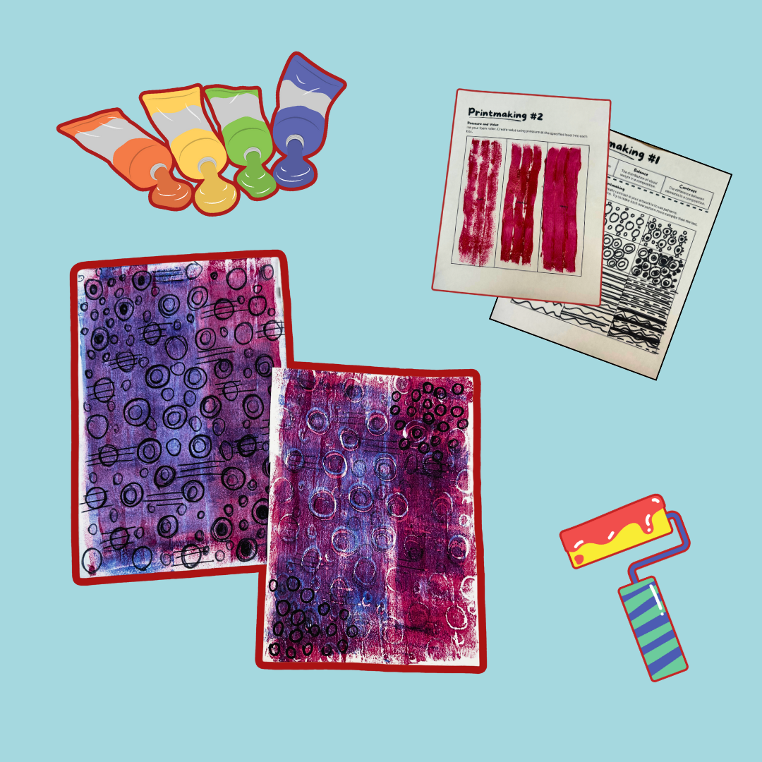 Graphics of paint and foam brush rollers, printmaking activity sheets, and block printed postcards on a blue background.