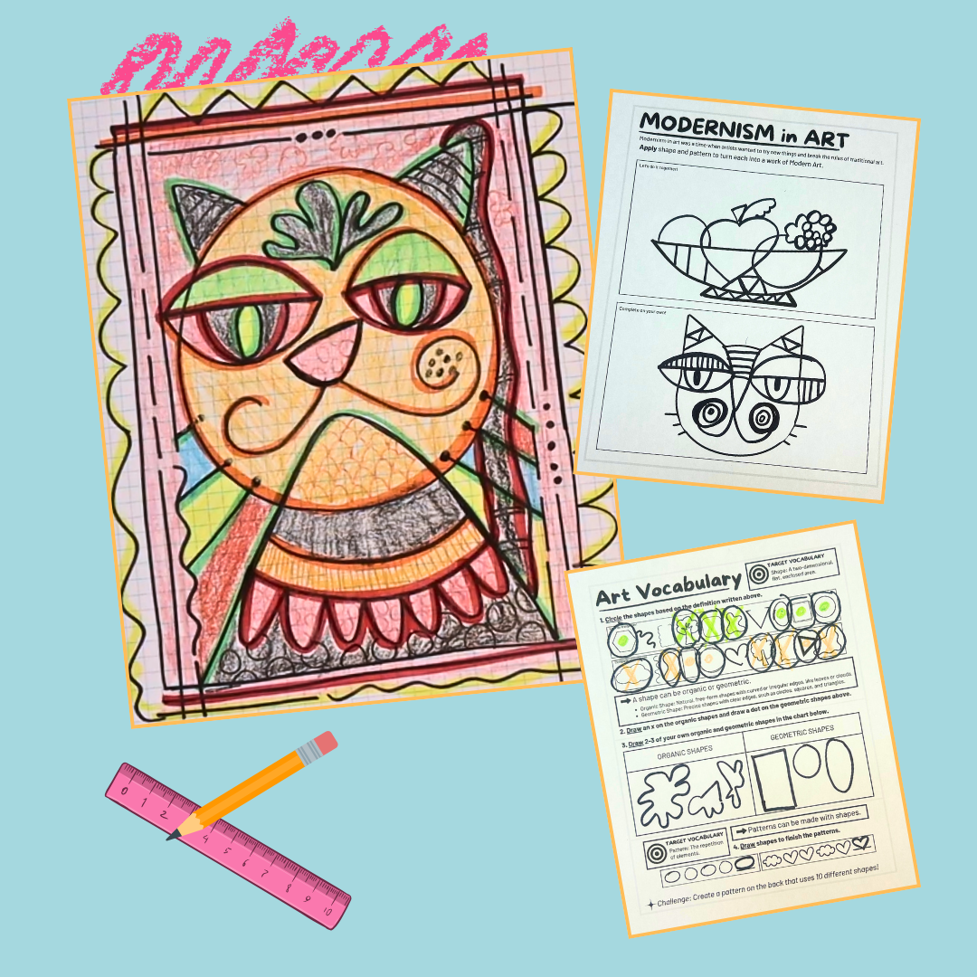 Activity sheets and the Modernist cat from the Modernist art adventures on a blue background with a pink crayon scribble, pencil, and ruler graphics.