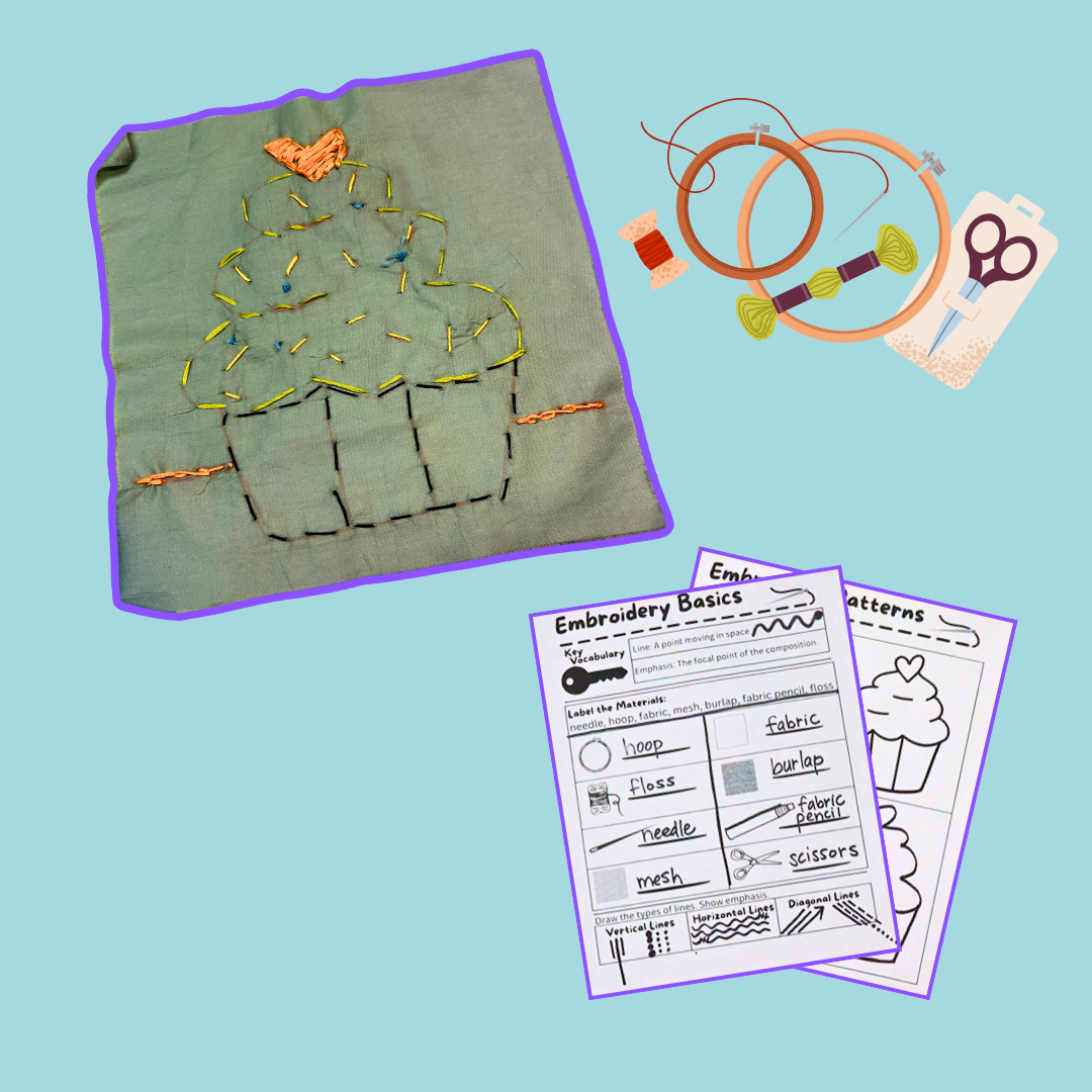 a graphic of an embroidery kit with fabric, thread, scissors, plus embroidery basics activity sheets and an embroidered cupcake on a blue background