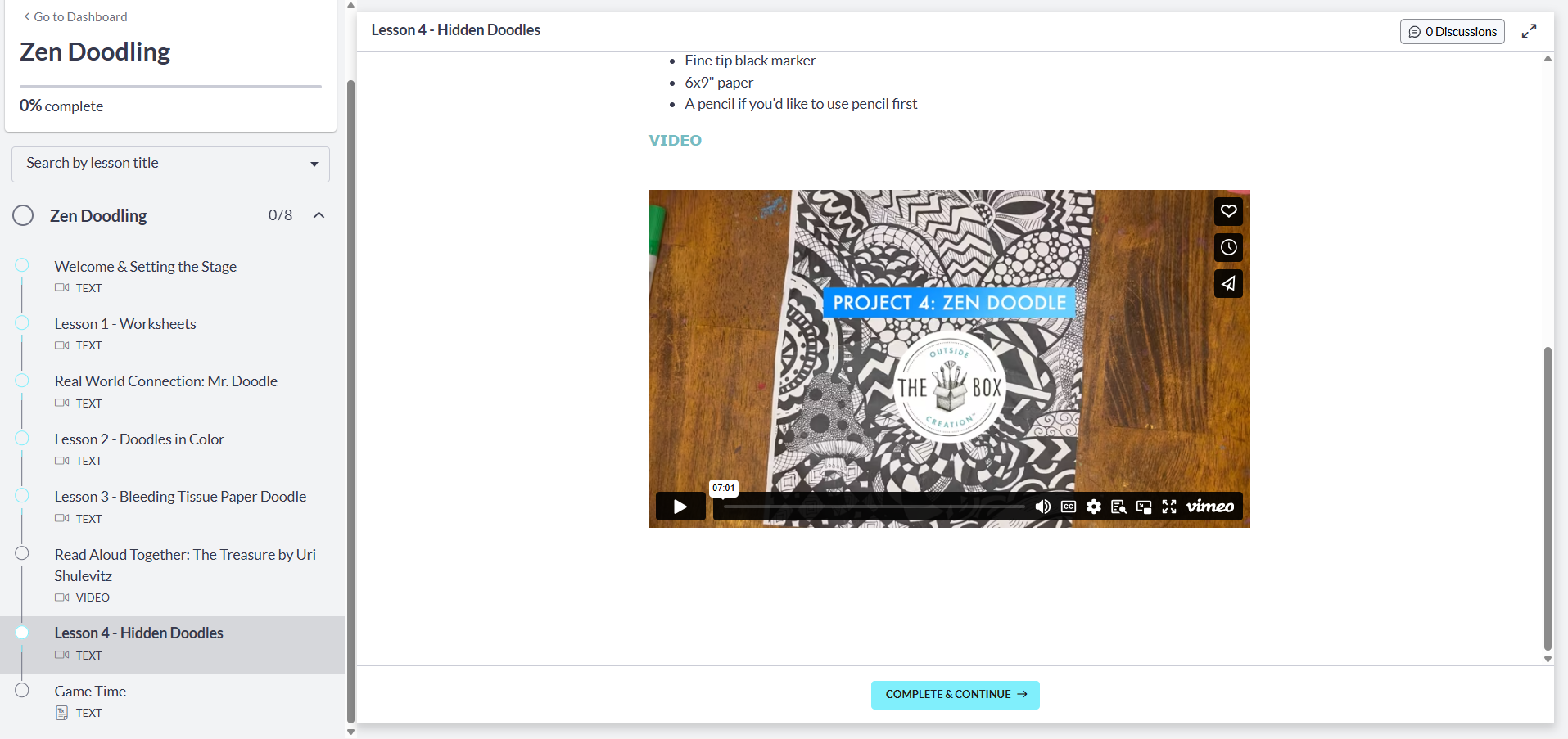 A preview of athe Zen Doodling digital art room featuring the tutorial video for art adventure 4