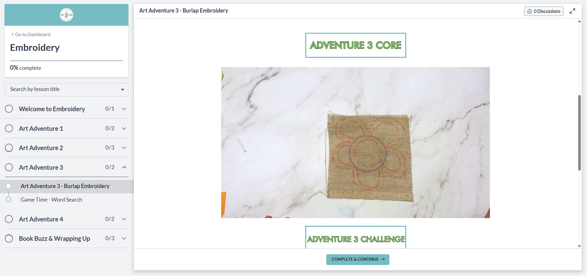 Preview of the embroidery digital art room featuring the tutorial video for the burlap embroidery project.