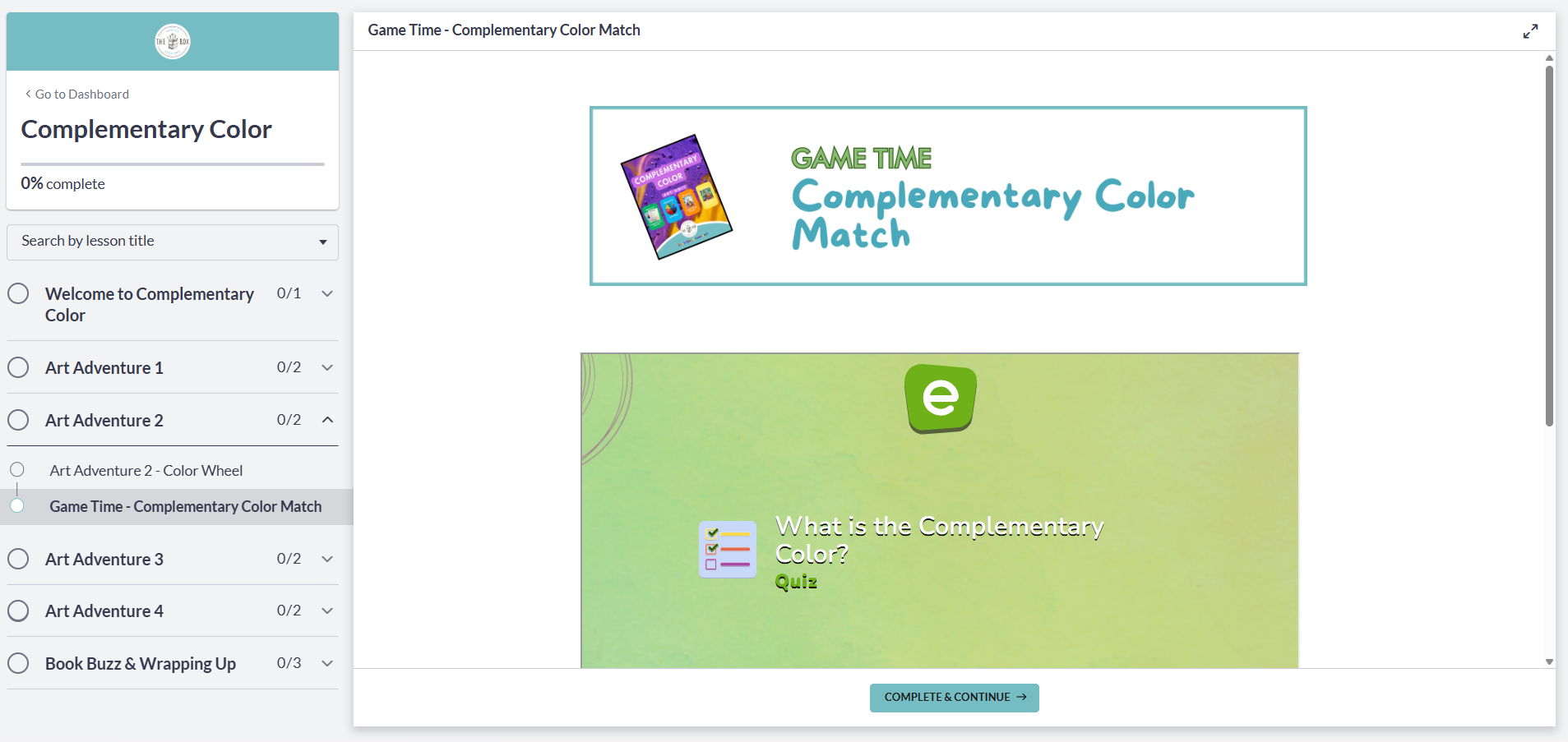 a preview of the digital art room course showing the What is the Complementary Color? Quiz game included in the course.