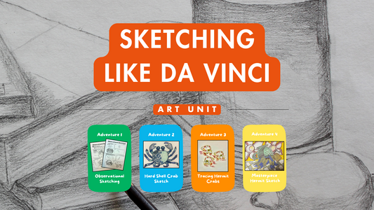 Promotional graphic for 'Sketching Like Da Vinci' art unit with sketches and finished projects.