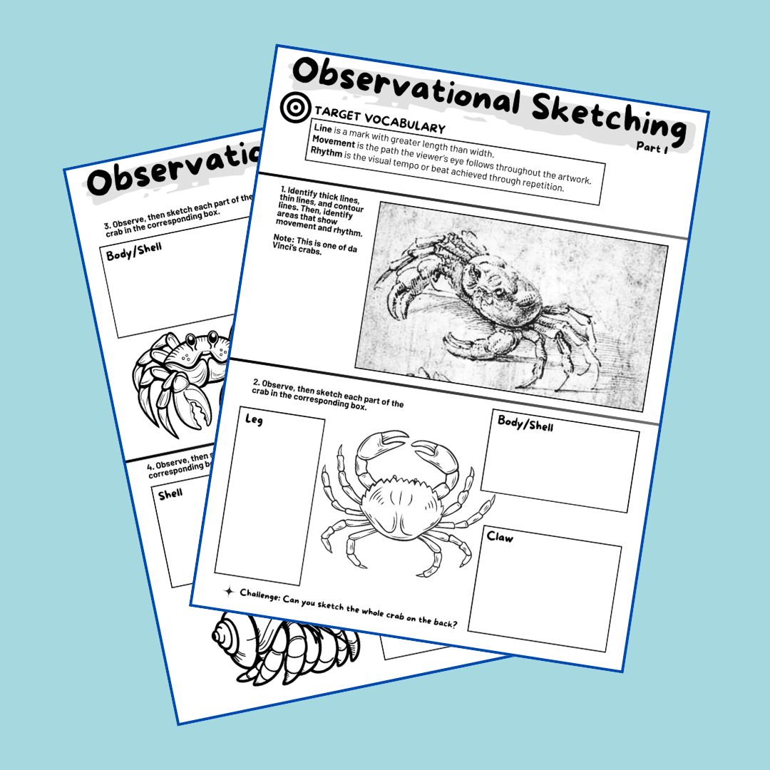 Educational materials for observational sketching with a crab illustration on a light blue background