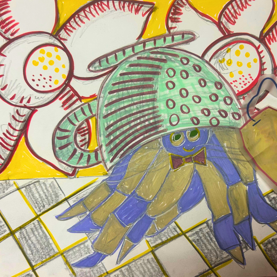 Colorful drawing of a hermit crab in a teacup shell with a bow tie on a tiled floor